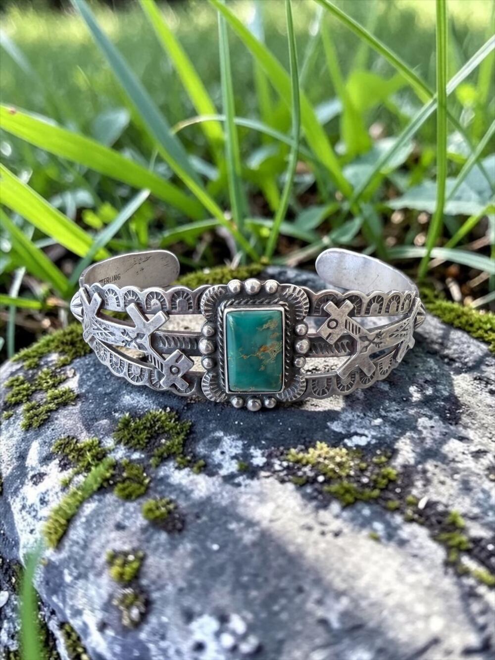 Fred Harvey Era Navajo Sterling Silver Turquoise Cuff Bracelet Stamped Cutout Mo